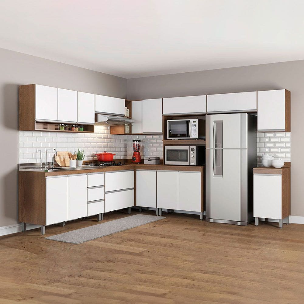 Cozinha Modulada de Canto Sabrina 252/294x202cm em  MDP Branco Menu Móveis