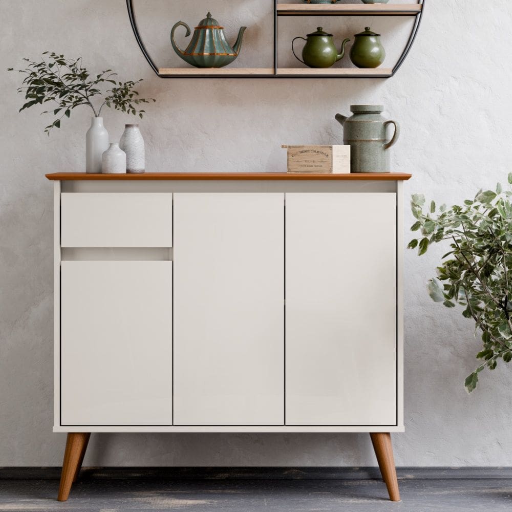 Aparador Buffet Veneza Retrô 3 Portas 1 Gaveta Off White Freijó EJ Móveis