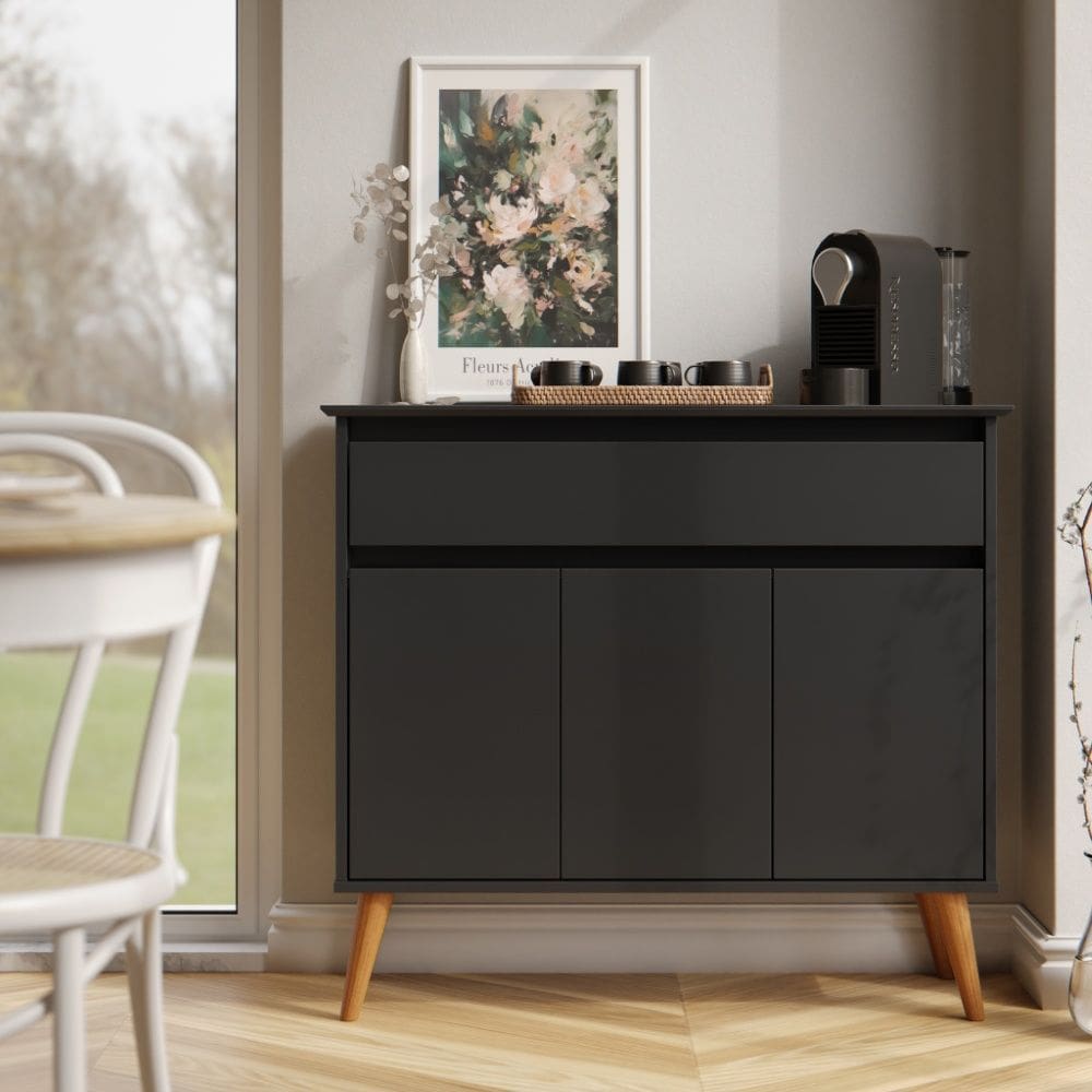 Aparador Buffet Zeus 31720 Retrô 3 Portas 1 Gaveta Preto EJ Móveis