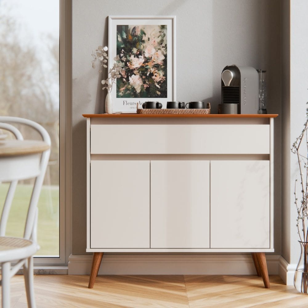 Aparador Buffet Zeus 31755 Retrô 3 Portas 1 Gaveta Off White Freijó EJ Móveis