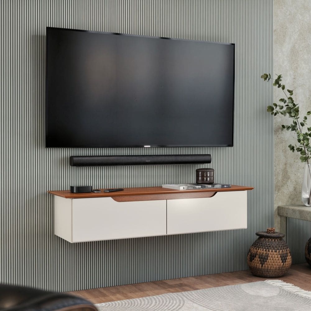 Rack Aparador Suspenso 2 Portas Flow Off White Freijó EJ Móveis