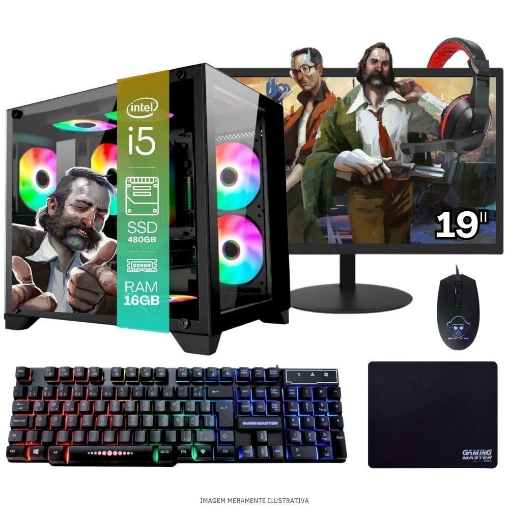 Computador Pc Gamer Completo Tob Intel Core I5 Ssd 480Gb 16Gb Gabinete Aquário Teclado Mouse Mouse Pad E Headset Gamer Monitor 19” Windows 10 Pro Tria