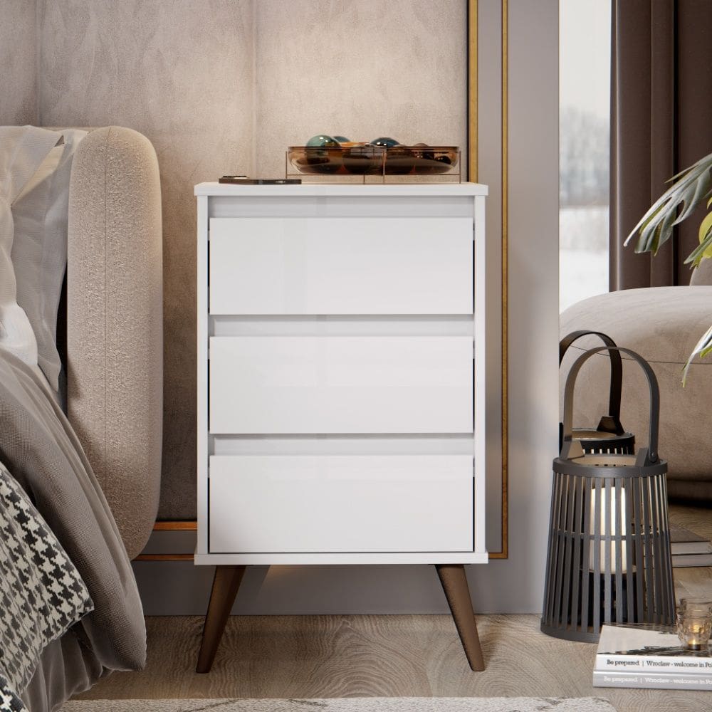 Mesa de Cabeceira Retro Wood 3 Gavetas Branco EJ Móveis