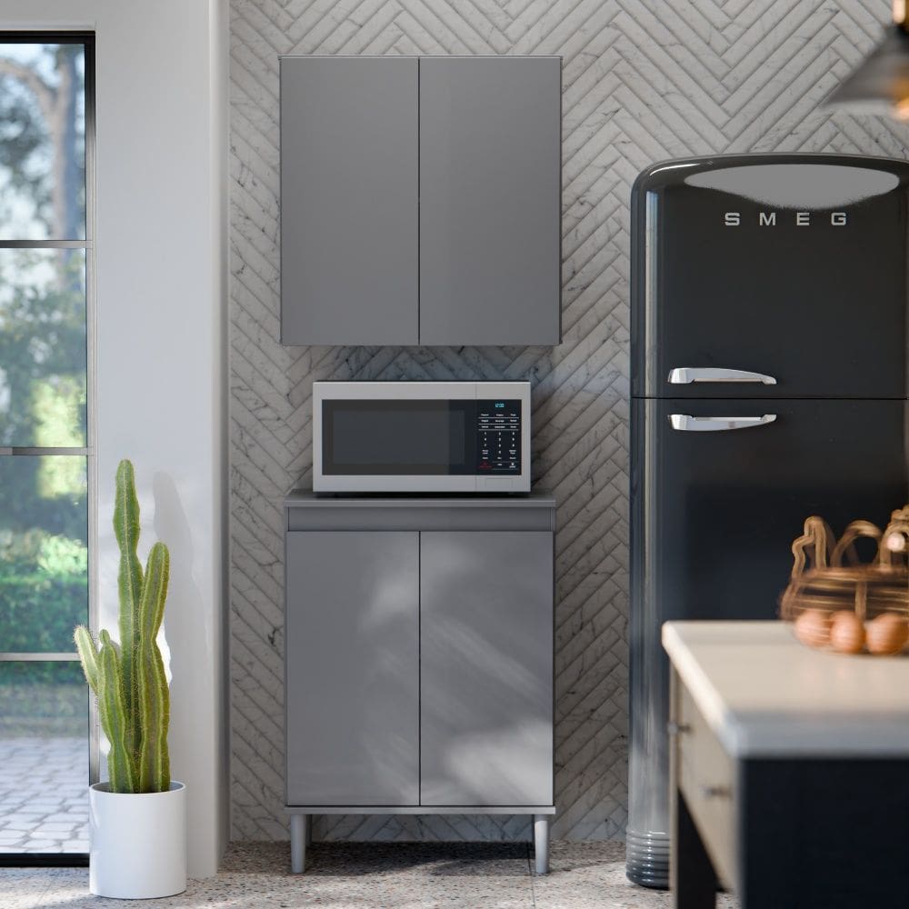 Armário Aéreo 1717 2 Portas e Balcão Micro-ondas 1517 Cinza EJ Móveis