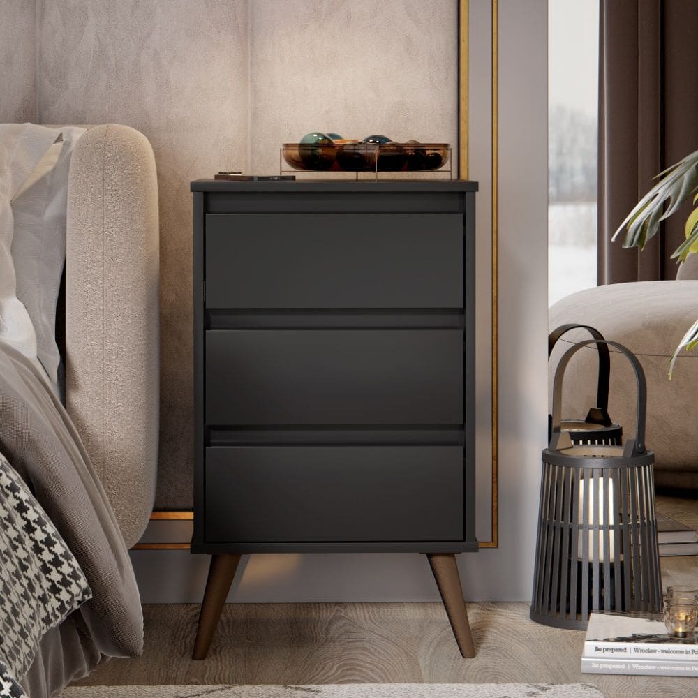 Mesa de Cabeceira Retro Wood 3 Gavetas Preto EJ Móveis