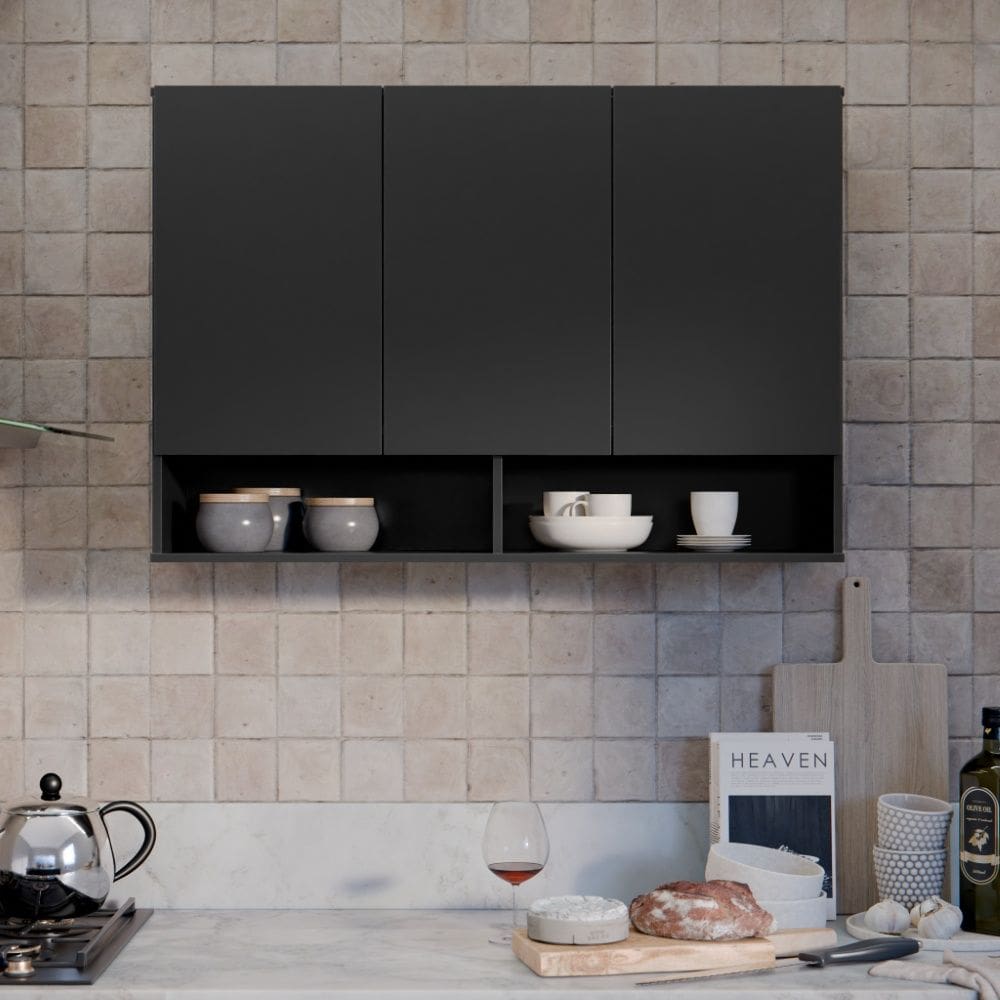 Armário Aéreo 3 Portas e 2 Nichos Milão Preto EJ Móveis