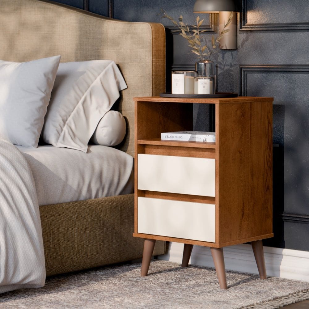 Mesa de Cabeceira Retro Roma 2 Gavetas Off White Freijó EJ Móveis