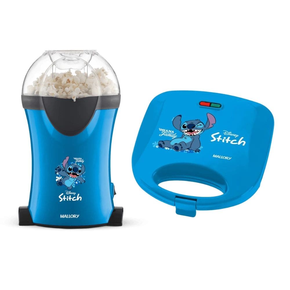 Kit Mallory Stitch Pipoqueira Elétrica 1200W Sem Óleo e Sanduicheira Elétrica 750W Antiaderente Azul