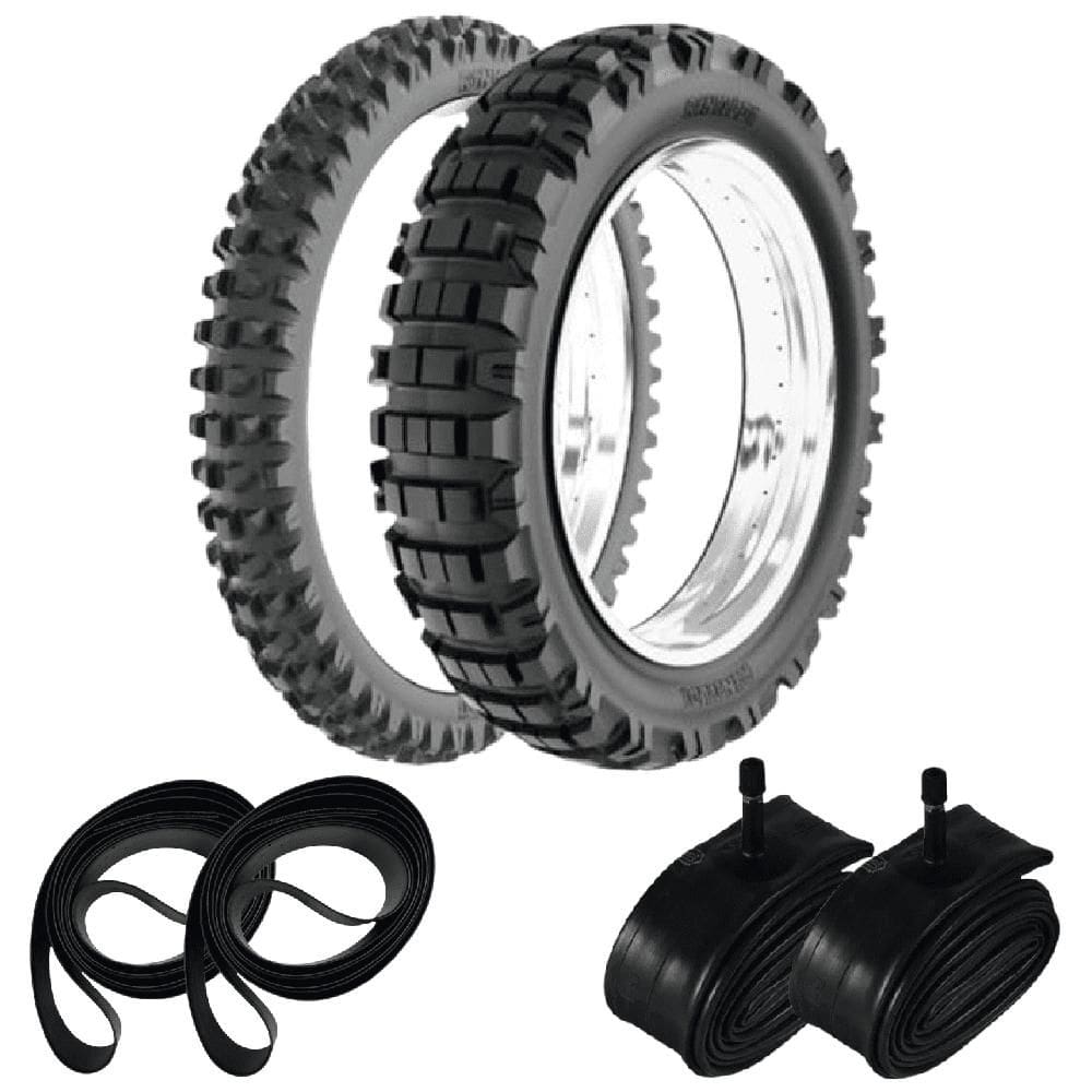 Kit Pneu Moto Cross Trilha 140/80-18 + 90/90-21 He42 Rinaldi + Camaras + Cintas