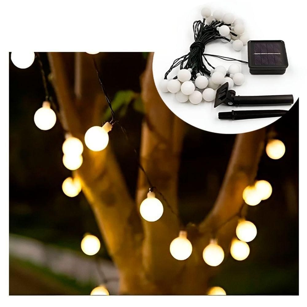 Pisca Cordão Natalino Solar Jardim 20 Bolinhas Amarelo De 5m