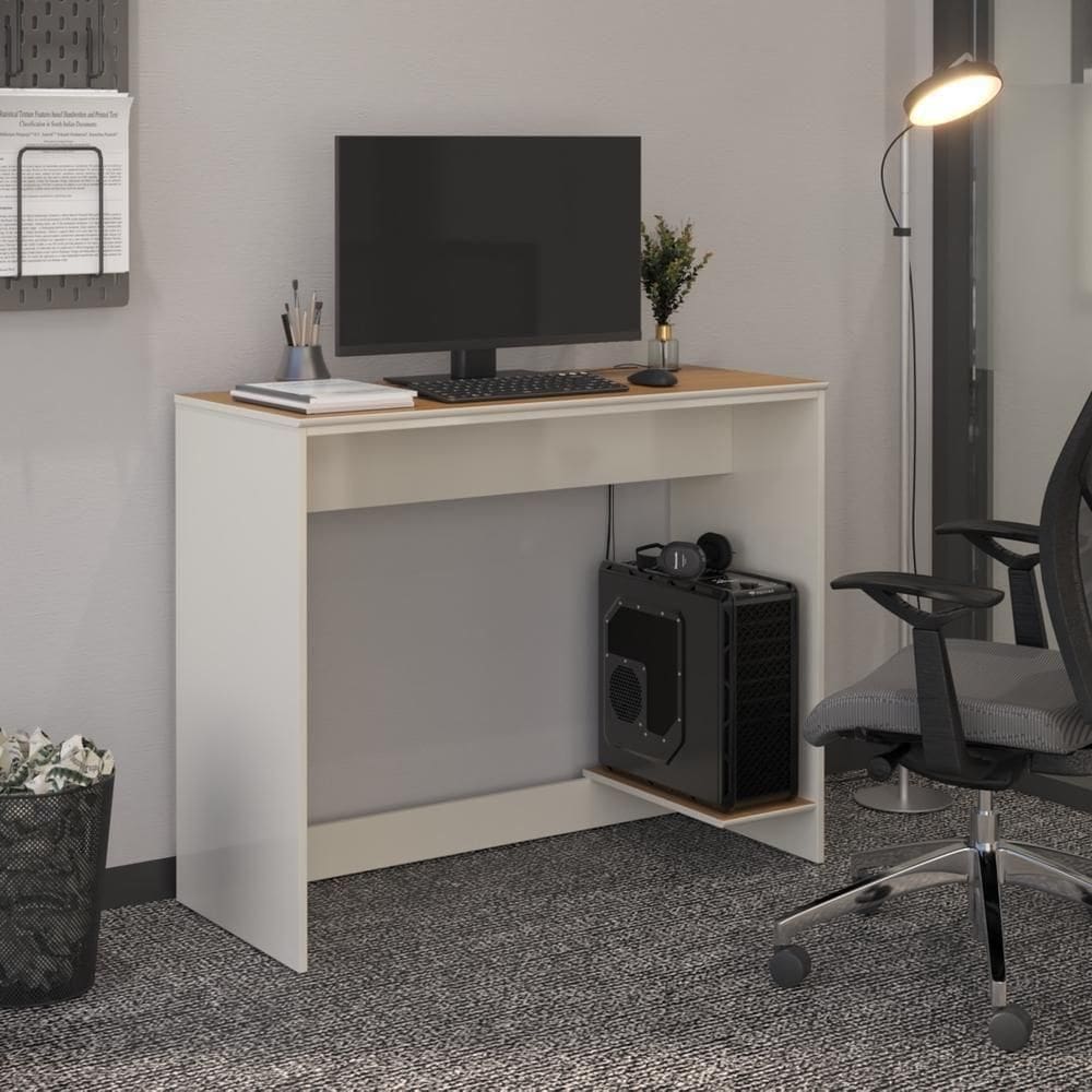 Mesa Para Escritório Com Passa Fios E Tampo Usinado Tech - Off White E Cedro
