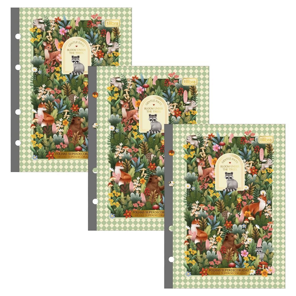 Kit 03 Bloco Refil Fichário Colegial (LOVELAND) Tiliflex 80 Folhas Decorada Animais Floresta Tilibra | Caderno Argolado