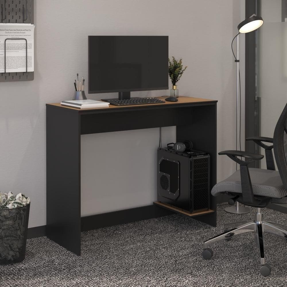Mesa Para Escritório Com Passa Fios E Tampo Usinado Tech - Preto E Cedro