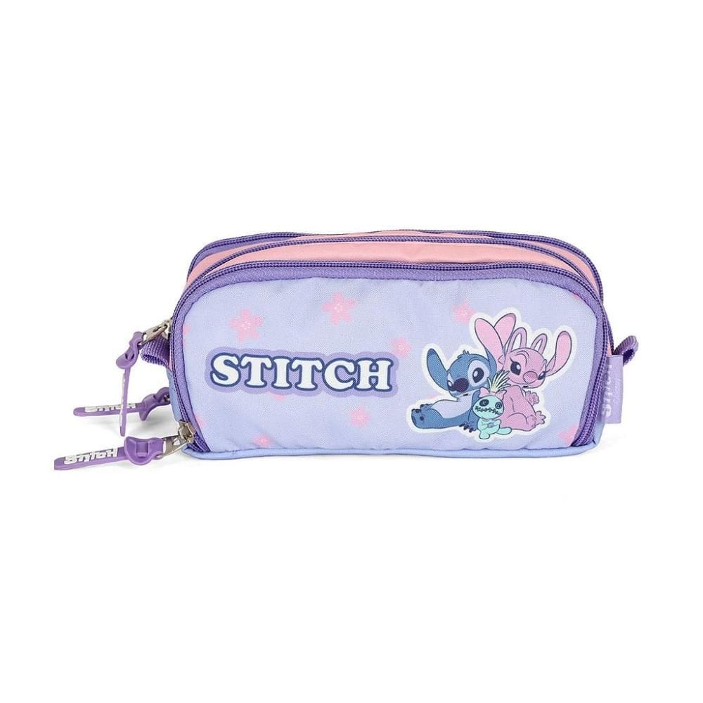 Estojo Escolar Triplo Luxcel Stitch Flores Roxo