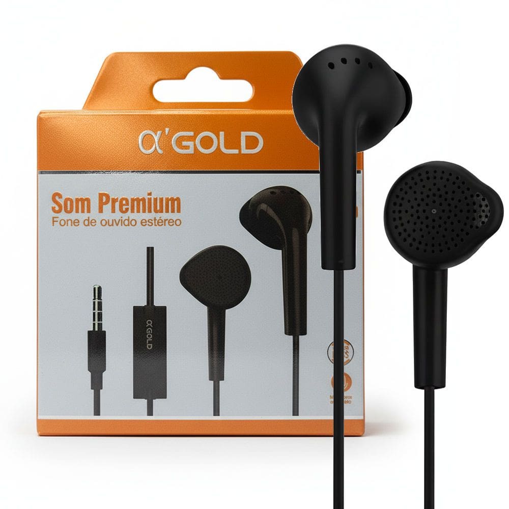 Fone De Ouvido Stereo, Super Bass, com Microfone, Fio 1.2 Metros, A`Gold, FN-A05 - Preto