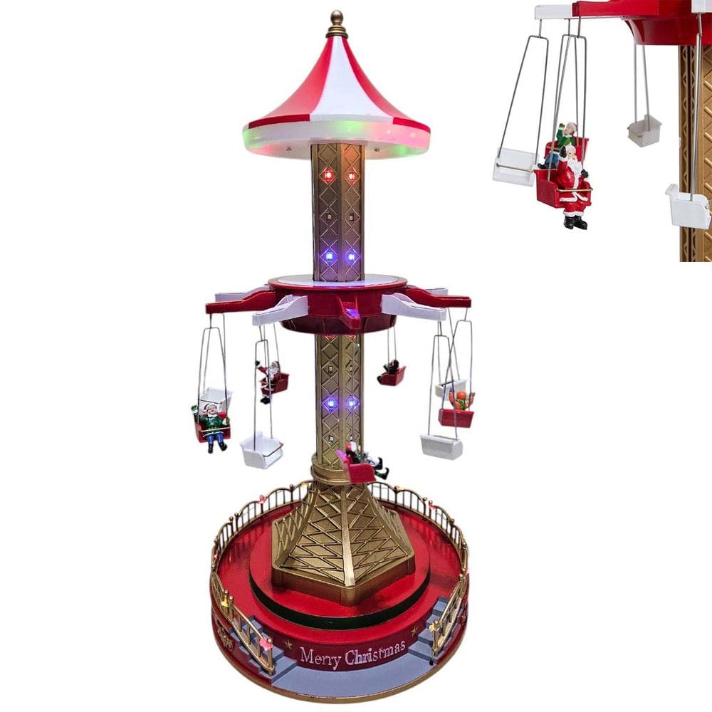 Torre Paraquedas Carrossel Natalino Natal Papai Noel Movimento Sobe Desce Giratorio Led Som Decoraçao Festa Fim de Ano