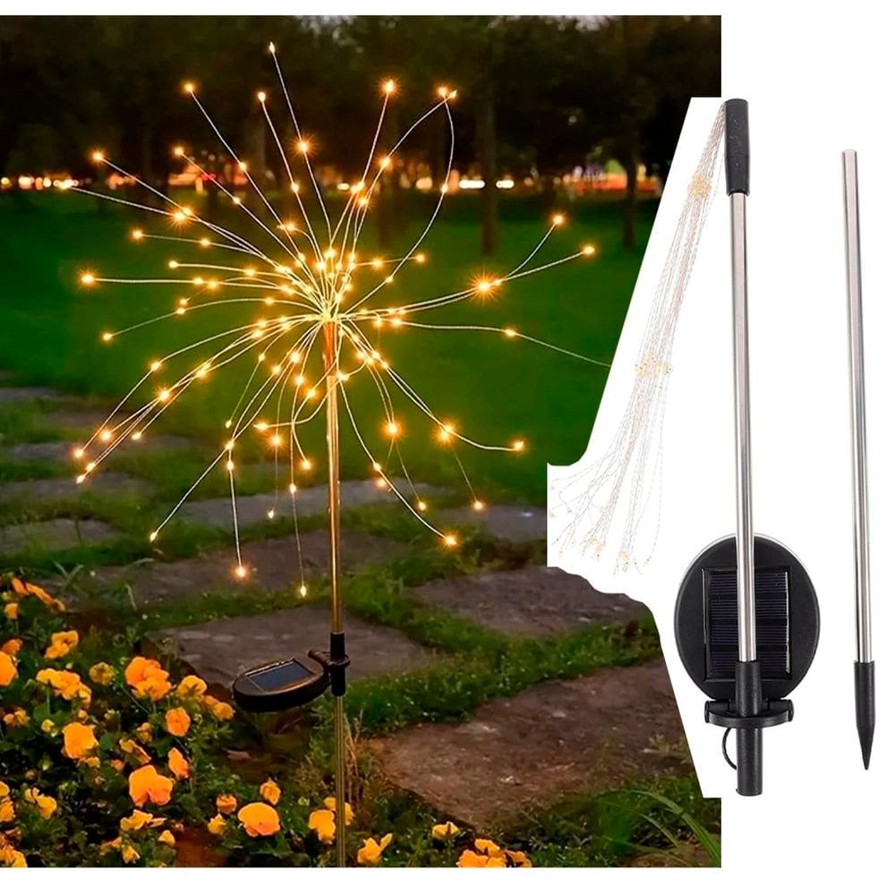 Pisca Solar Natal Jardim Fogos Artifício Luzes LEDs Amarelo