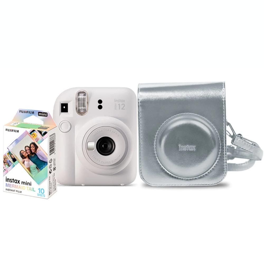 Kit câmera Instantânea Fujifilm instax mini 12 BRANCO MARFIM + bolsa + filme Mermaid Tail com 10 fotos