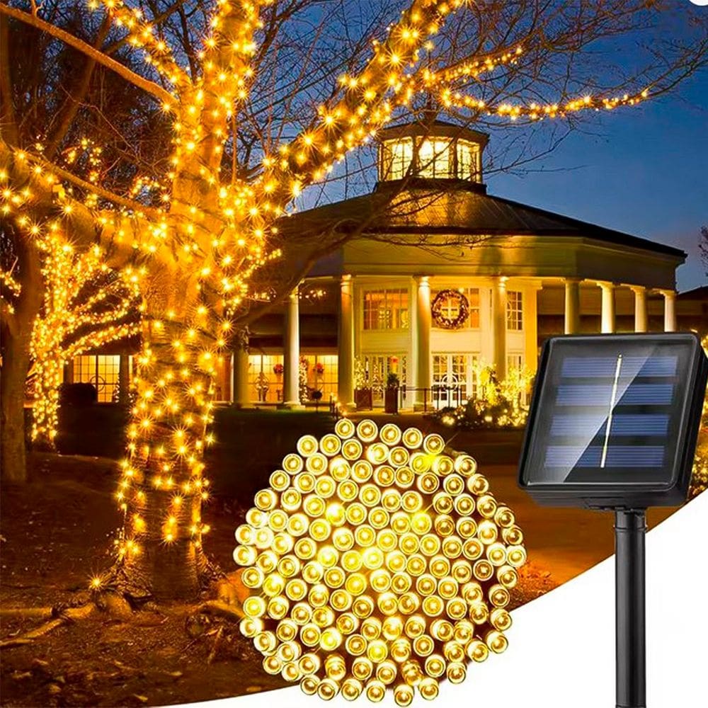 Pisca Cordão Natal Solar 100 Lâmpadas LED Luz Amarelo De 10m