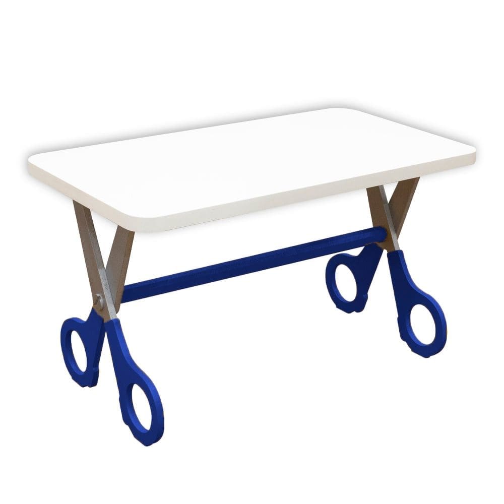 Mesa Infantil Tesoura Azul Tampo Branco Retangular Base Temática para Estudos e Desenhos Mobília Decor