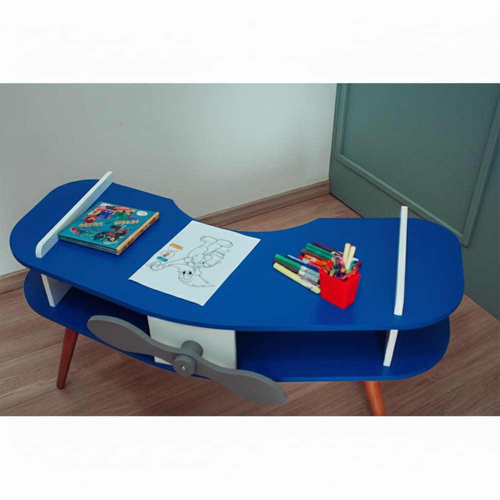 Mesa Avião Azul com Hélice e Pés Palito Design Criativo Mesa Desenho Quarto Menina Menino Infantil Mobília Decor