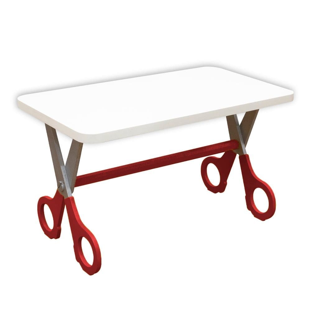 Mesa Infantil Tesoura Vermelho Tampo Branco Retangular Base Temática para Estudos e Desenhos Mobília Decor