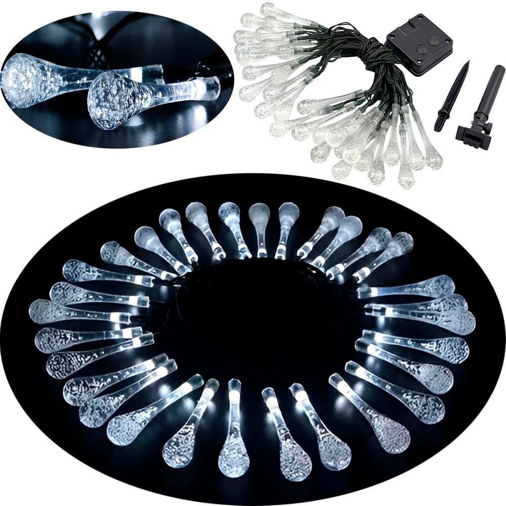Pisca Cordão Natalino Solar Jardim 20 Gotas LED Branco De 5m
