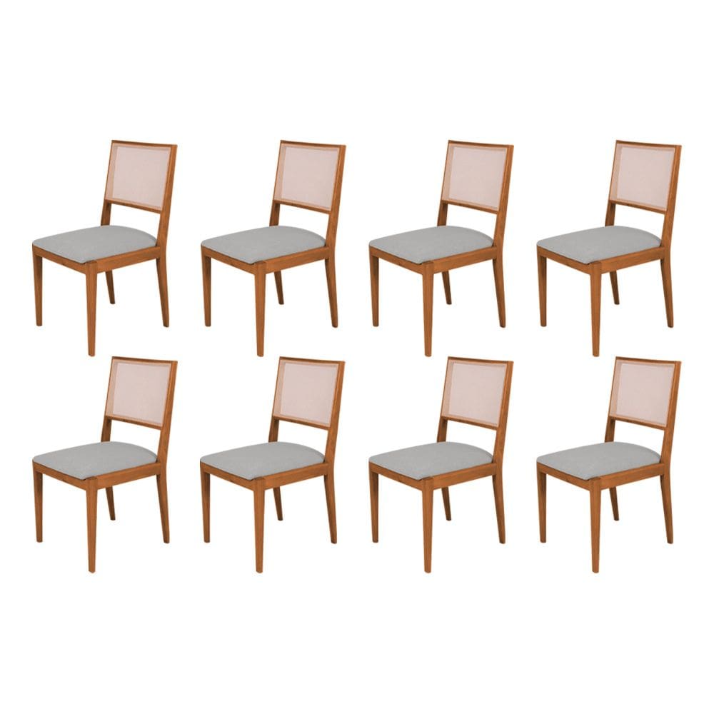 Conjunto com 8 Cadeiras de Jantar Estofada Suellen em Madeira e Mdf Cerejeira Linho Cinza Prata