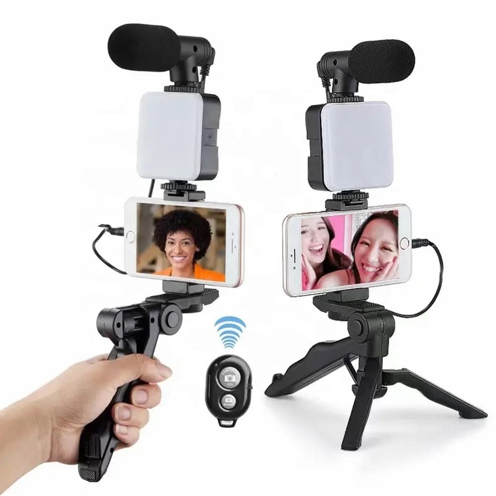 Kit de gravação Microfone com luz LED, tripé e controle remoto