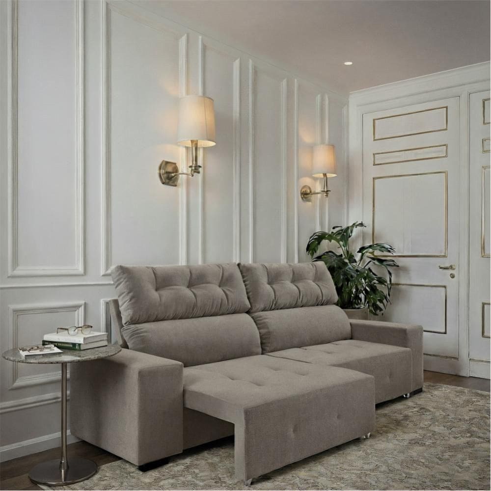 Sofá 4 Lugares Reclinável Sala De Estar 2,30m Velut Realle - Veludo Perola