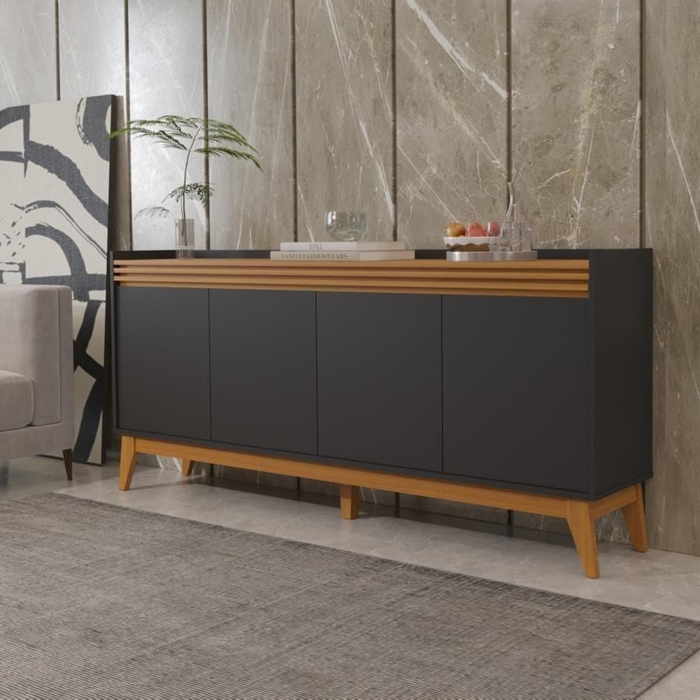 Buffet Aparador Ripado Com 4 Portas Monaco 180cm - Preto E Cedro