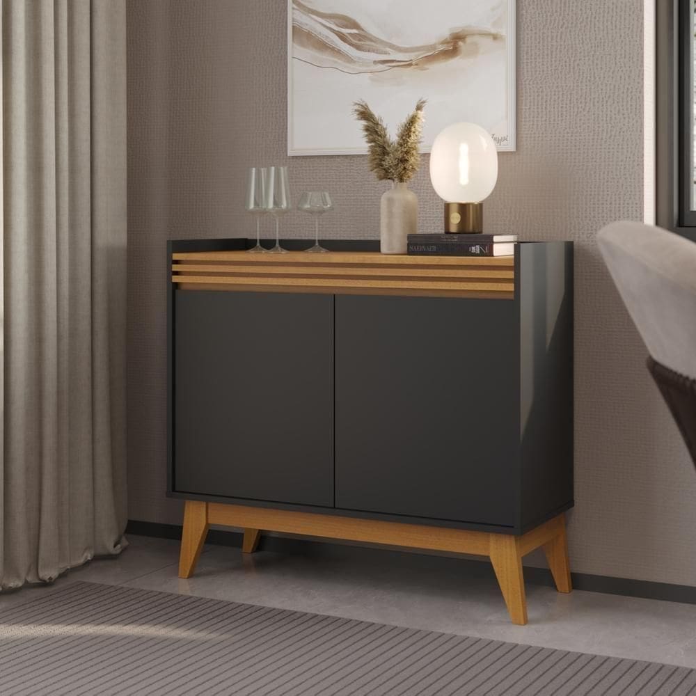 Buffet Aparador Ripado Com 2 Portas Monaco 92cm - Preto E Cedro