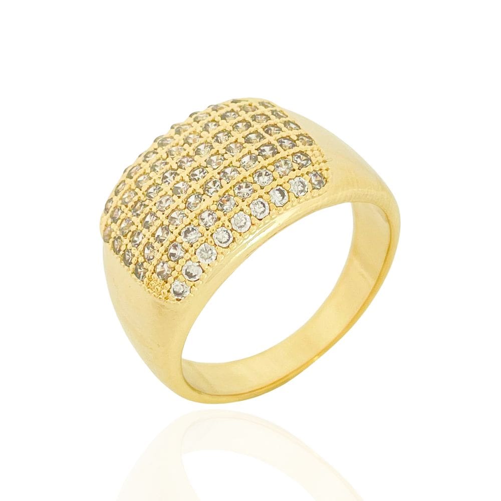 Anel Largo Oito Fileiras Cravejadas Cristais Banhado a Ouro