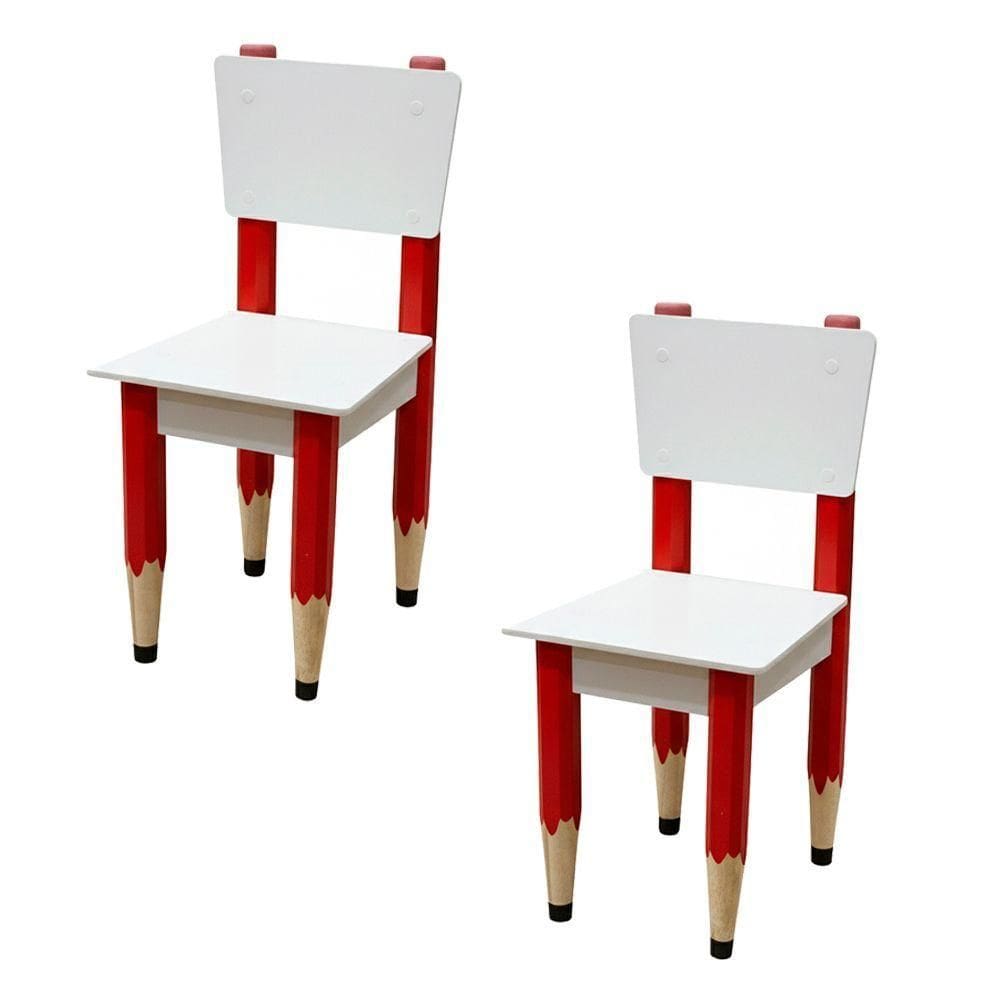 Kit 2 Cadeiras Cadeira Infantil Lápis Vermelho Assento E Encosto Brancos Para Estudos E Desenhos Mobília Decor