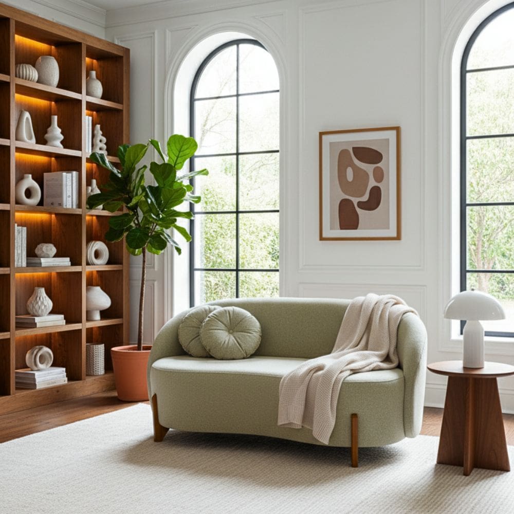 Sofá Orgânico 2 Lugares C/2 Almofadas Curvo Sala Recepção Amsterdã Boucle Verde Oliva - Montanari`s Decor