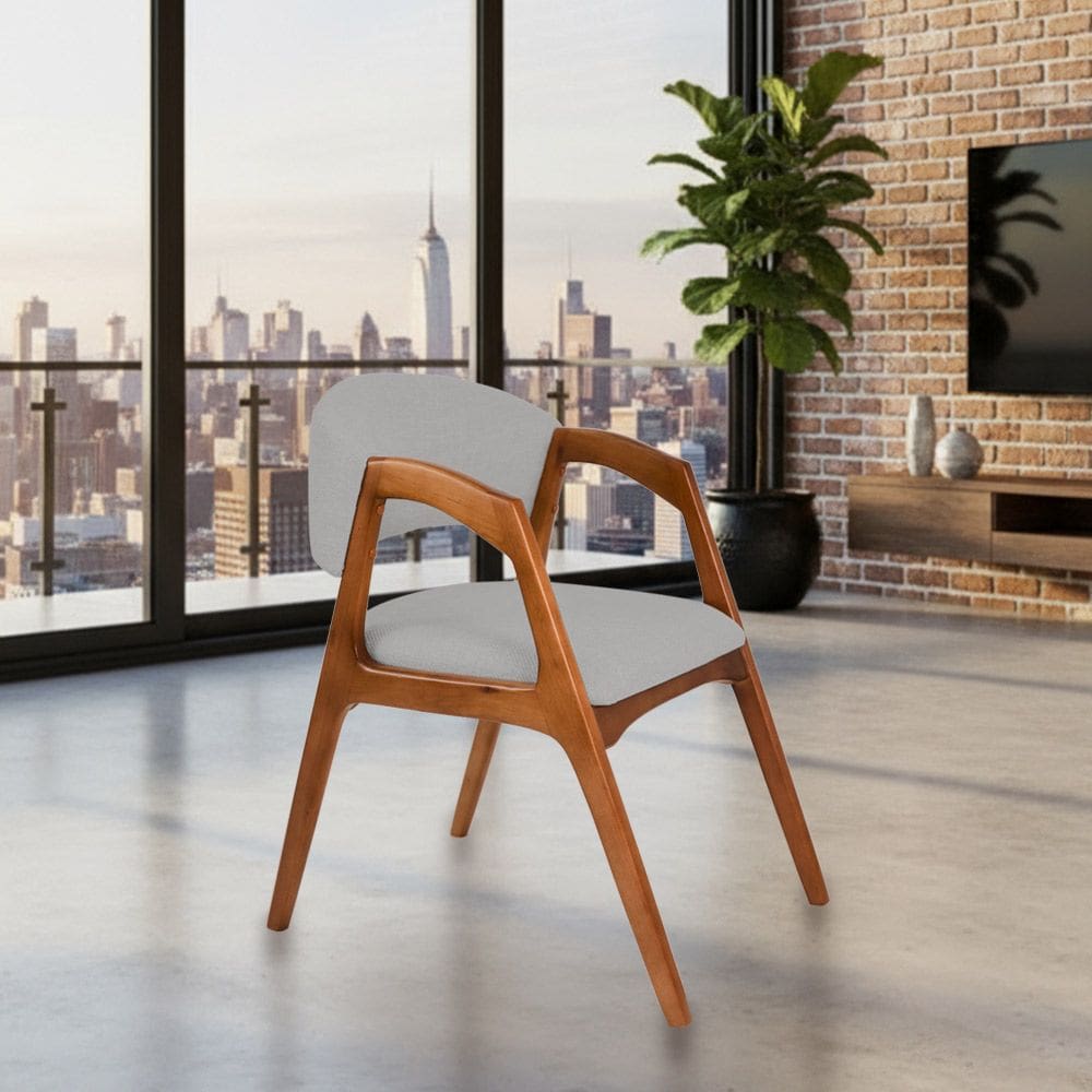 Cadeira de Jantar Gabriela em Madeira e Mdf Cerejeira Linho Cinza Prata