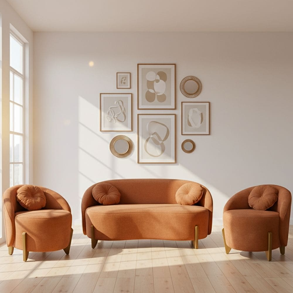 Kit 01 Sofá 2 Lugares + 02 Poltronas Orgânicos c/ Almofadas Curvo Sala Recepção Amsterdã Boucle Terracota - Montanari`s Decor