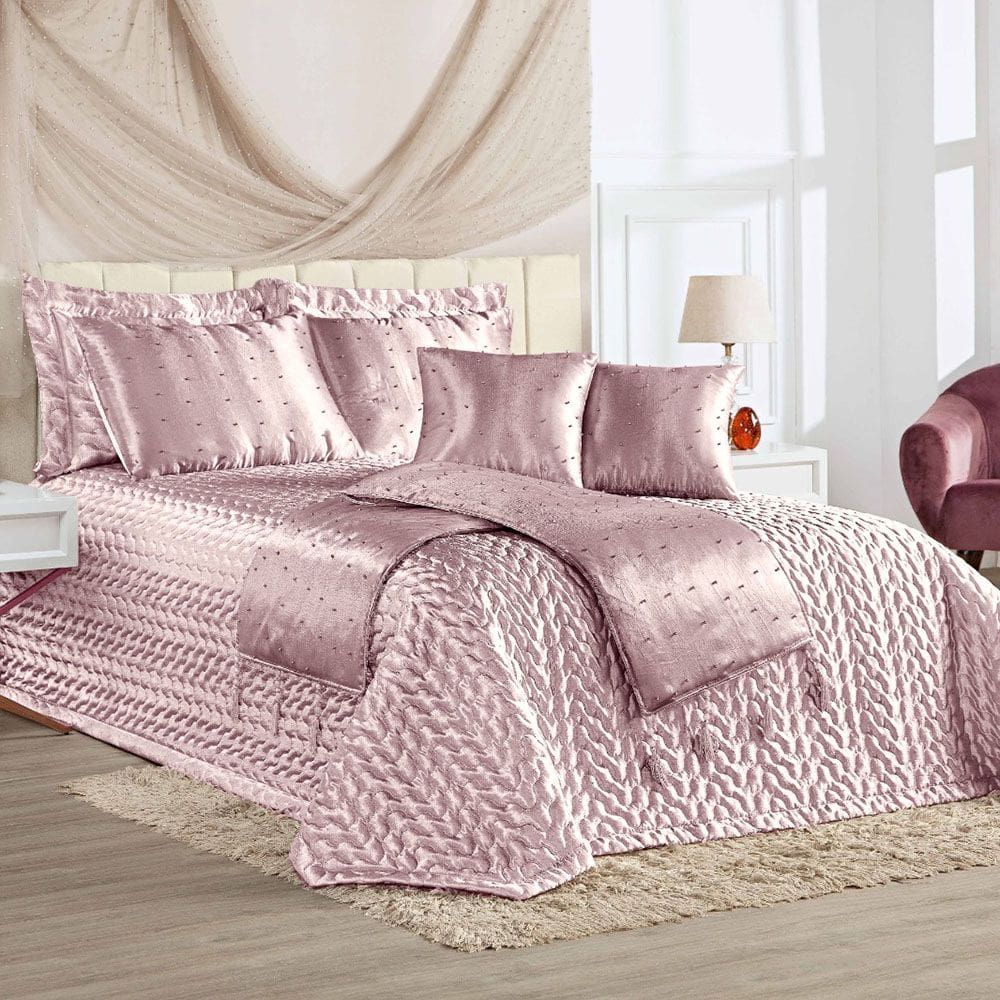 Kit Cobre Leito Colcha Casa Scarpa Fascínio Queen Cetim c/ Tule de Pérola 10 Peças - Rosê