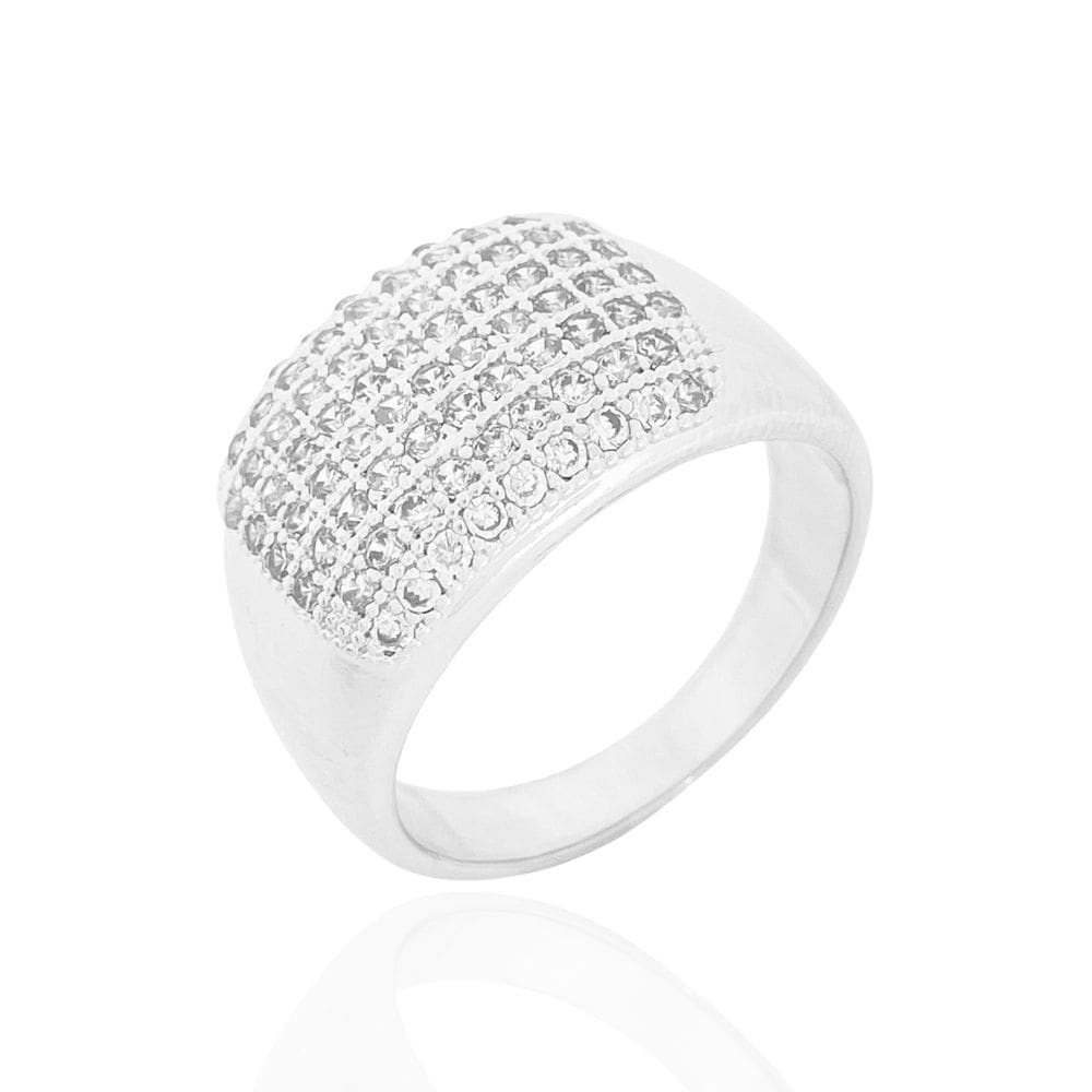 Anel Largo Oito Fileiras Cravejadas Cristais Banhado a Prata