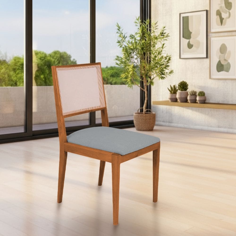 Conjunto com 4 Cadeiras de Jantar Estofada Suellen em Madeira e Mdf Cerejeira Linho Cinza