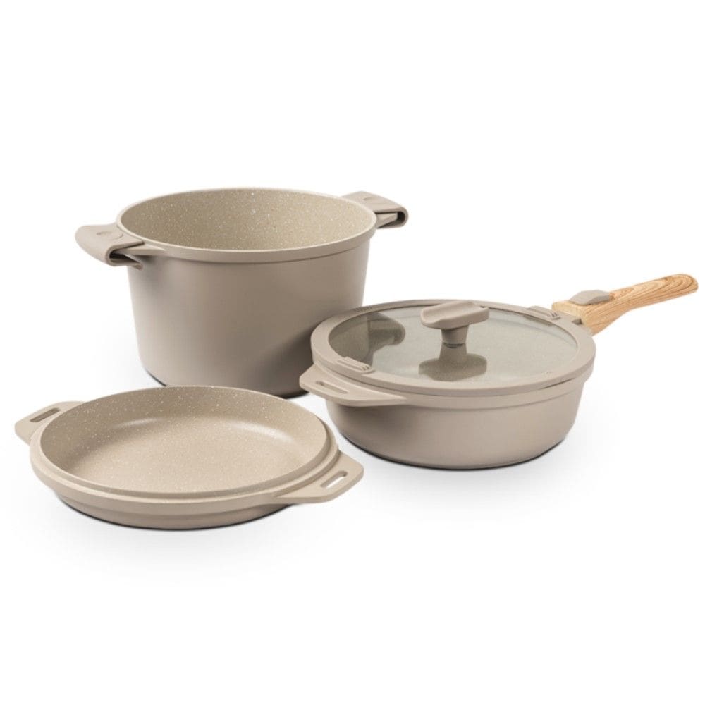 Jogo de Panelas Empilhável Indução 7 Peças Areia em Alumínio e Revestimento Cerâmico Antiaderente Brinox