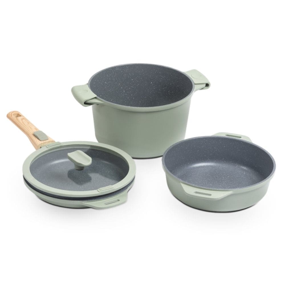 Jogo de Panelas Empilhável Indução 7 Peças Verde em Alumínio e Revestimento Cerâmico Antiaderente Brinox