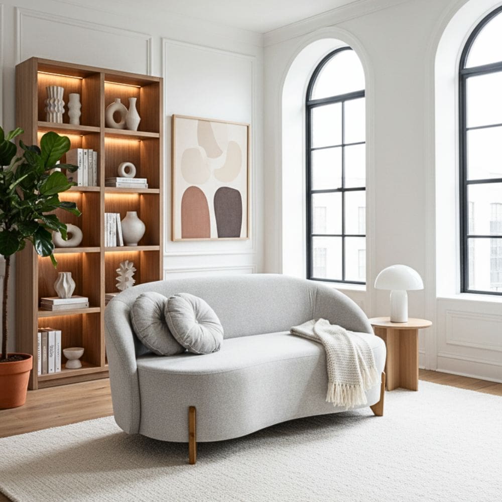 Sofá Orgânico 2 Lugares C/2 Almofadas Curvo Sala Recepção Amsterdã Boucle Cinza Claro - Montanari`s Decor