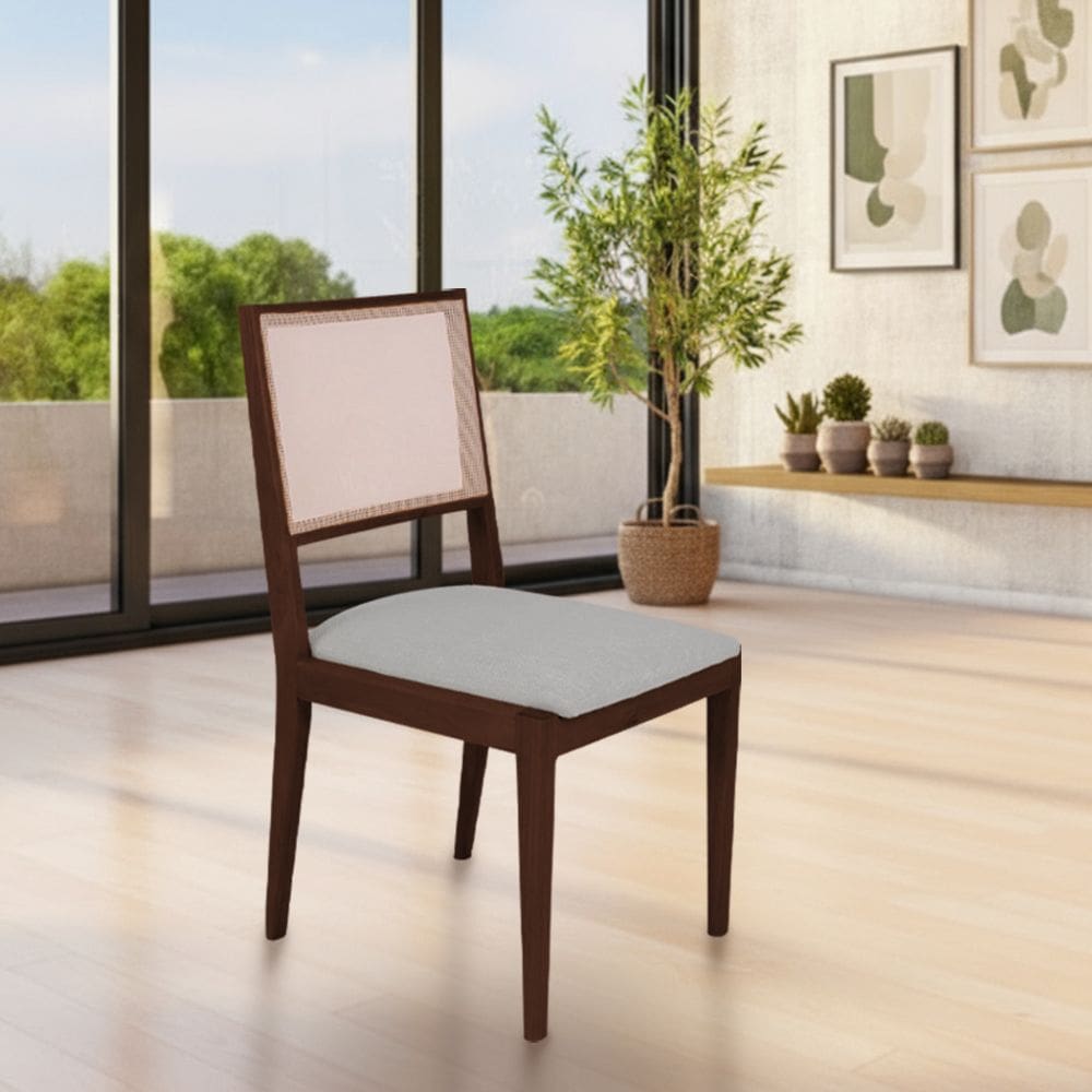 Conjunto com 2 Cadeiras de Jantar Estofada Suellen em Madeira e Mdf Castanho Linho Cinza Prata