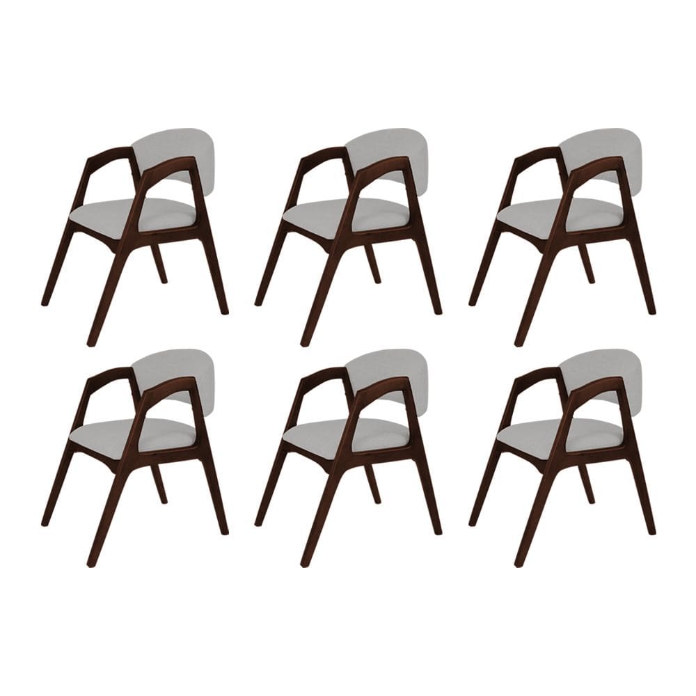 Conjunto com 6 Cadeiras de Jantar Estofada Gabriela em Madeira e Mdf Castanho Linho Cinza Prata