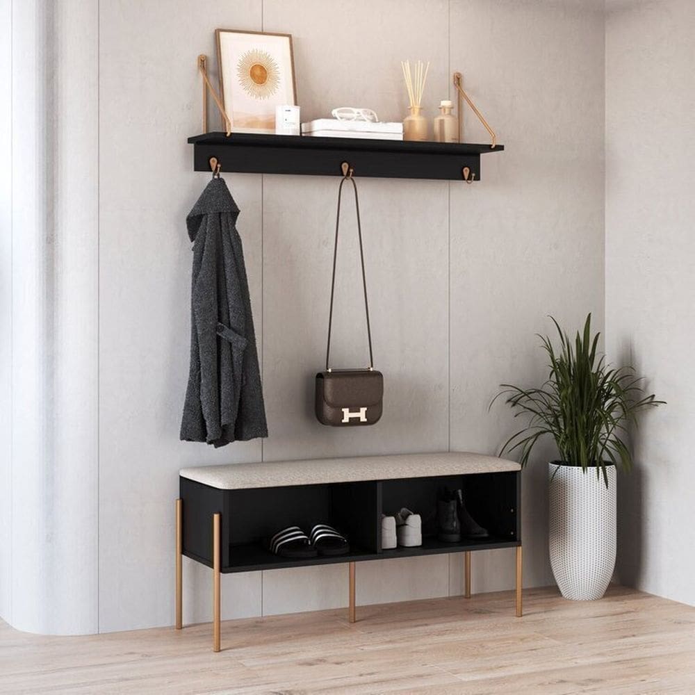 Conjunto Sapateira Banco Estofada e Prateleira Pé Metal Oslo Nero/Dourado
