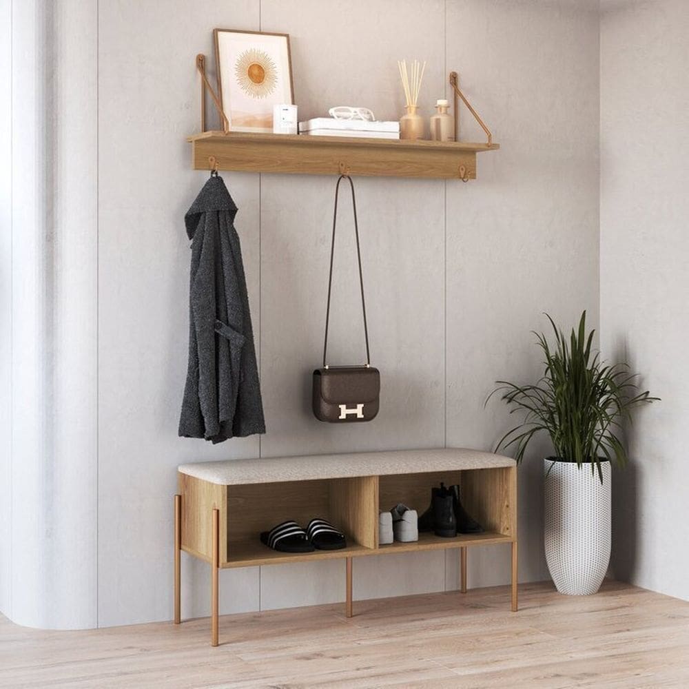 Conjunto Sapateira Banco Estofada e Prateleira Pé Metal Oslo Hanover/Dourado