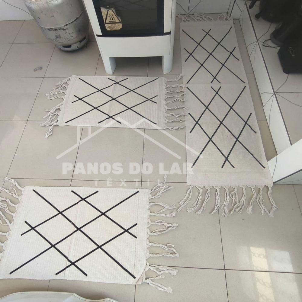Jogo Passadeira Com Nozinho 03 Peças Jogo De Tapete Para Cozinha Geometrico 100% Algodão Modelo Linhas Preto