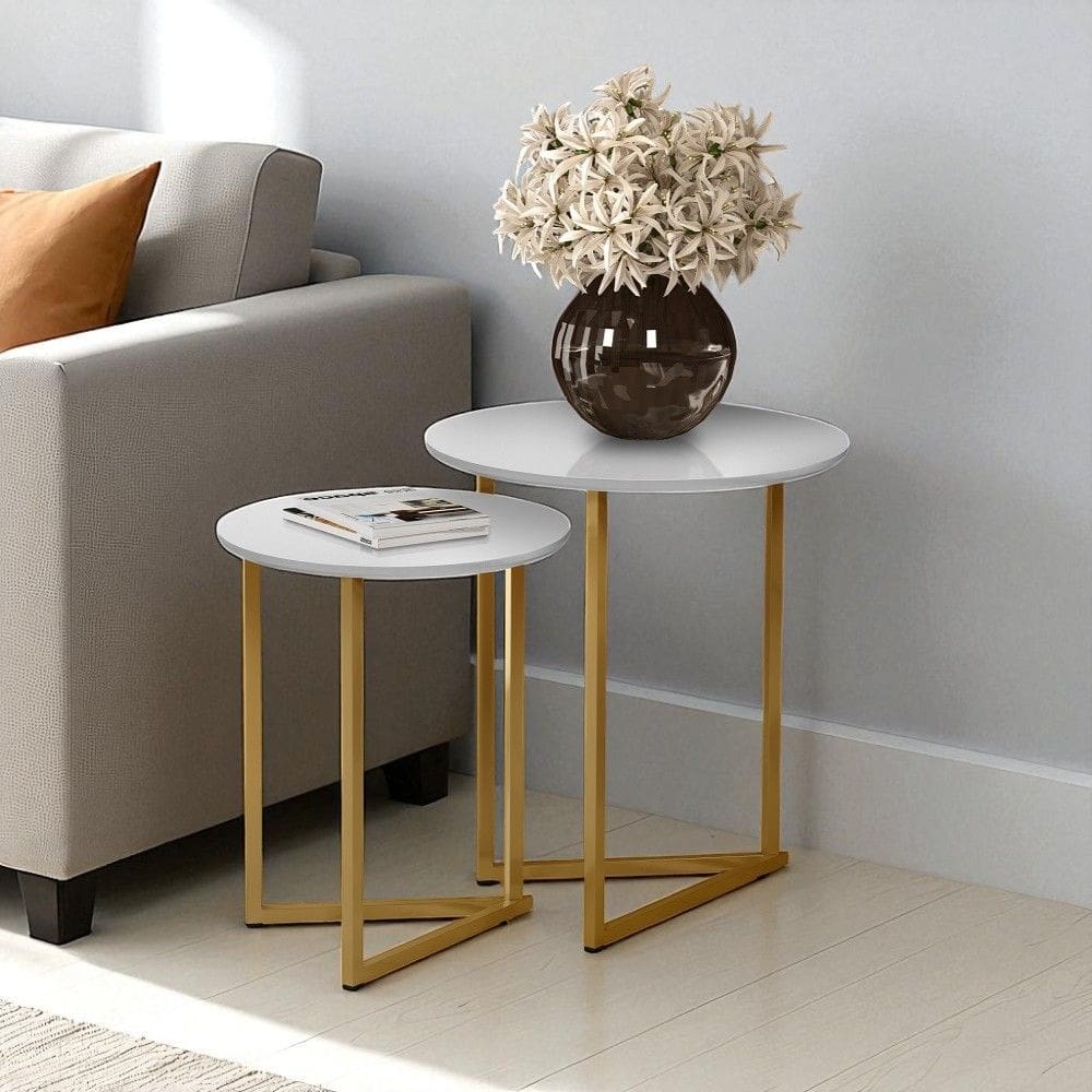 Conjunto de Mesa Lateral Jade Sala Estar Pé de Aço Dourado