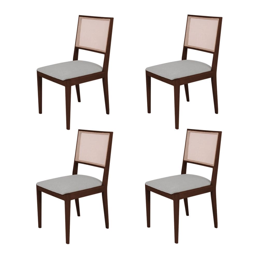 Conjunto com 4 Cadeiras de Jantar Estofada Suellen em Madeira e Mdf Castanho Linho Cinza Prata